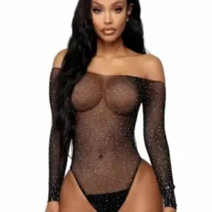 Long Sleeve Fishnet Off-the-shoulder Sparkle Bodysuit